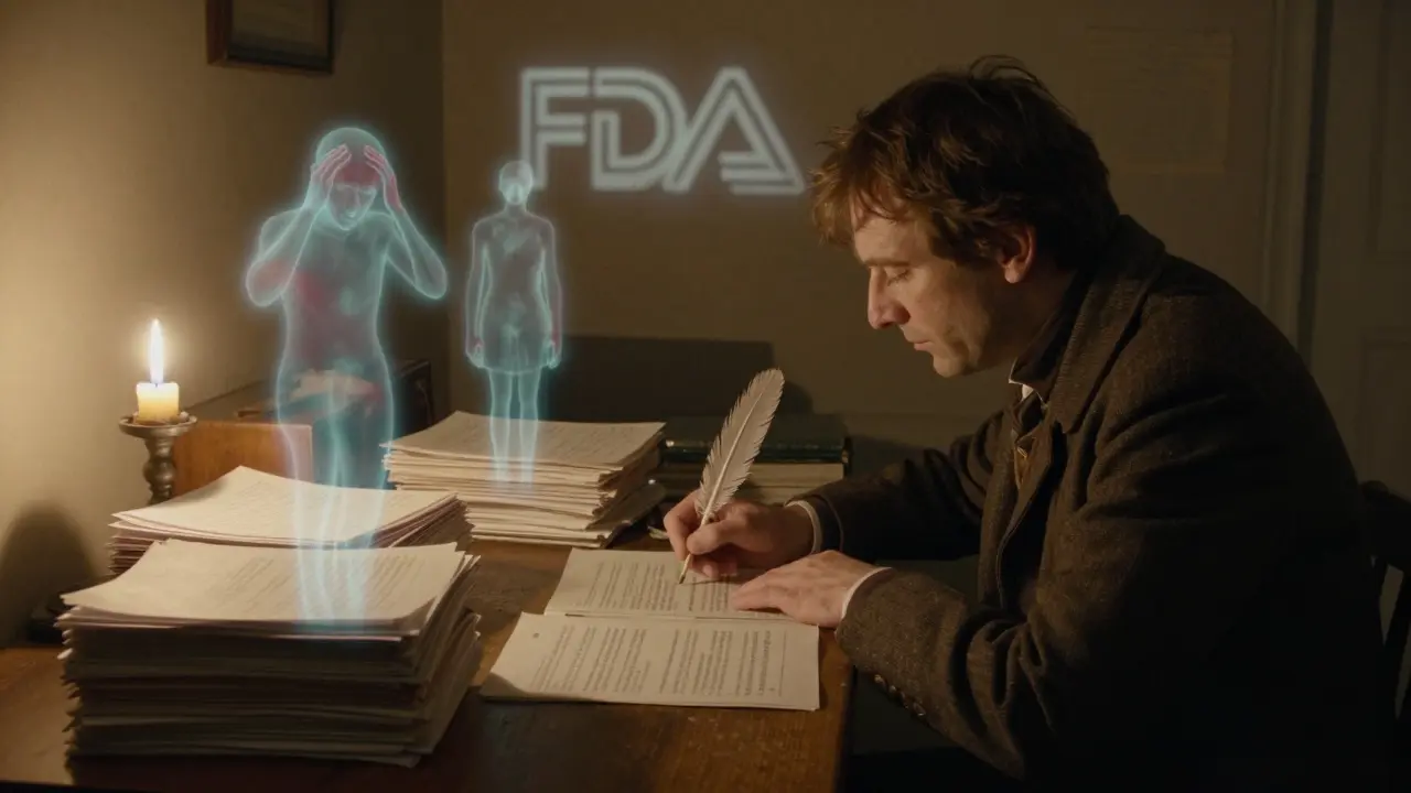 A person analyzing data files as ghostly adverse event symbols rise from the pages in a candlelit study.