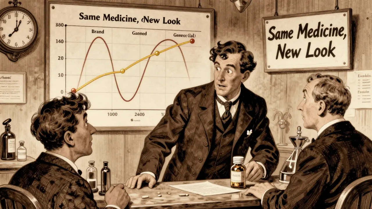 A pharmacist explaining a pill switch to a patient, with a medical chart nearby.