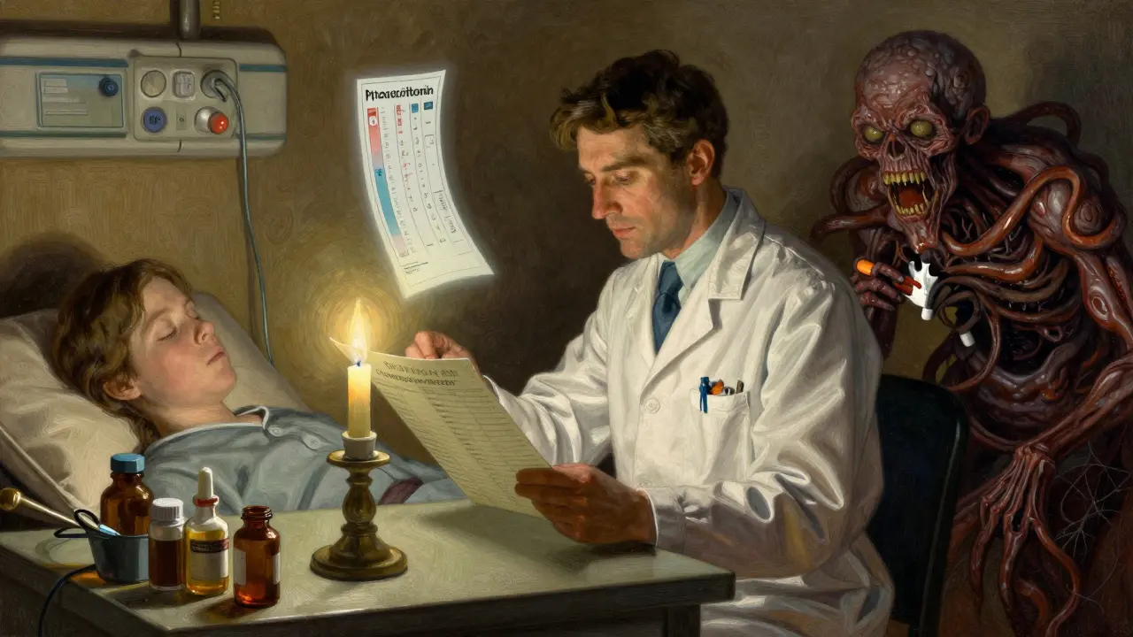 A pharmacist reviews a test result as a C. diff monster emerges from antibiotic bottles.