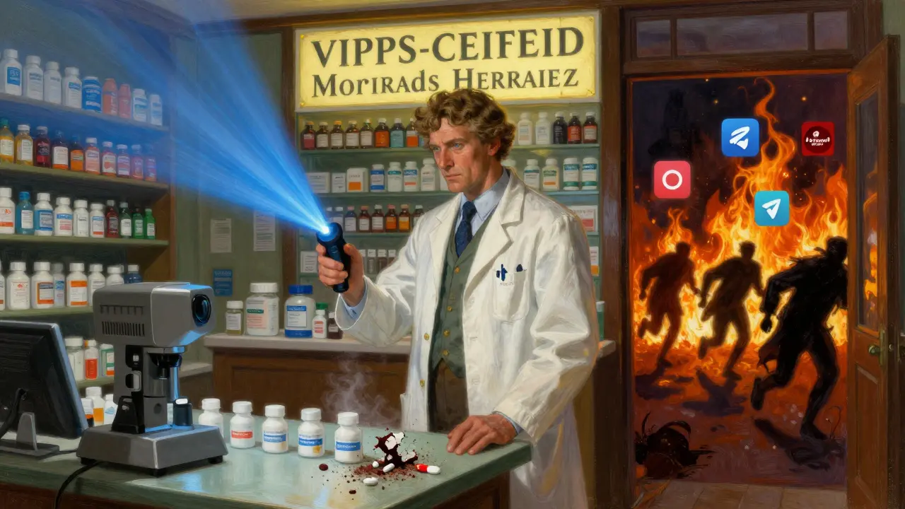 A pharmacist scanning pills with a device, fake drugs crumbling into dust as verified pharmacies glow behind him.
