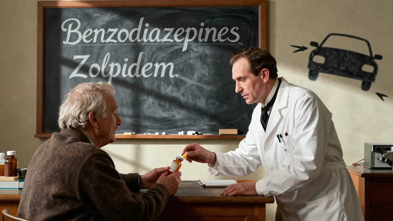A pharmacist warns an elderly patient about dangerous medications, with a chalkboard listing risks.