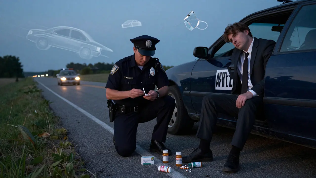 A police officer investigates a drug-impaired driver, with pill bottles scattered on the road at twilight.