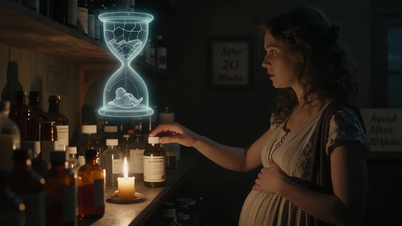A pregnant woman hesitating before an ibuprofen bottle, with a glowing warning symbol above it.