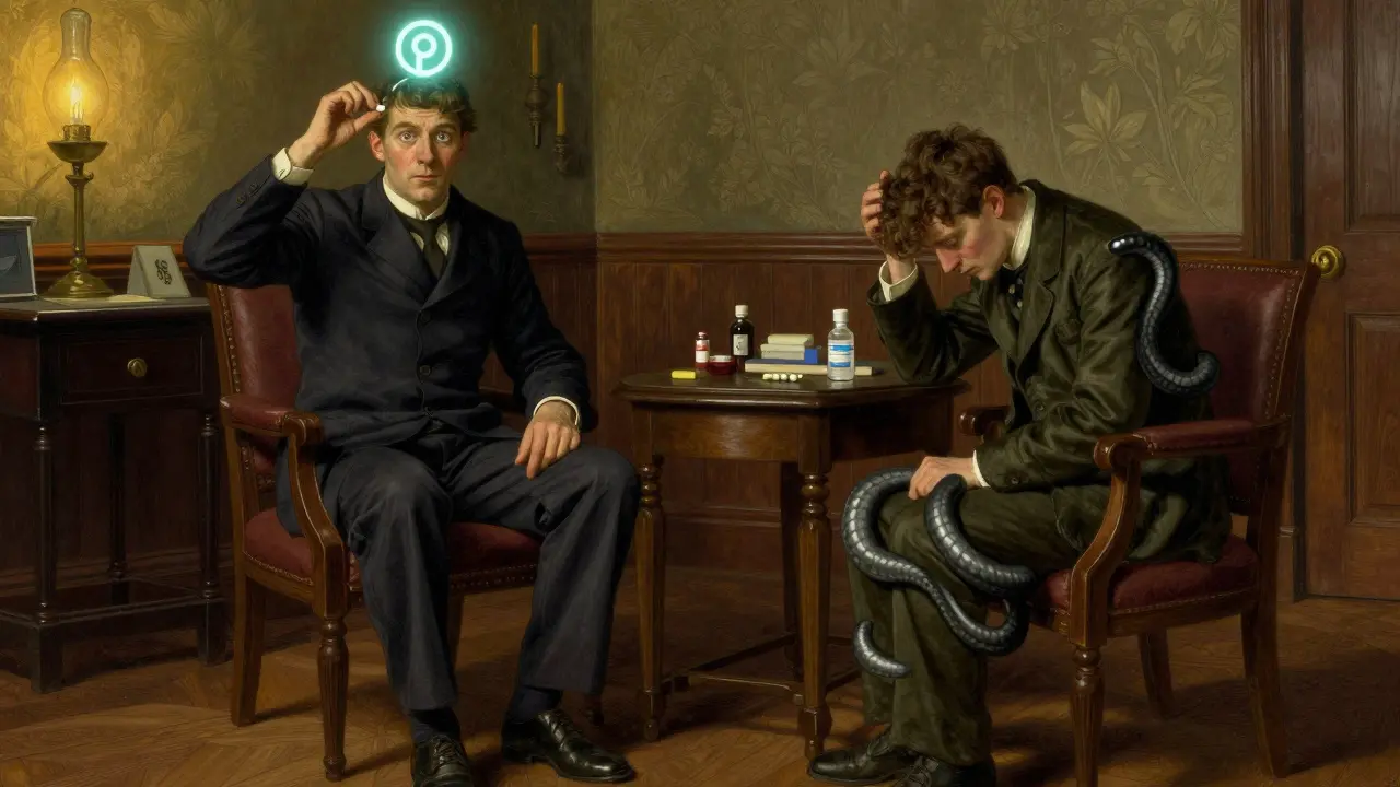 A psychiatrist's office with two patients: one alert with dopamine symbols, the other weighed down by SSRIs side effects.