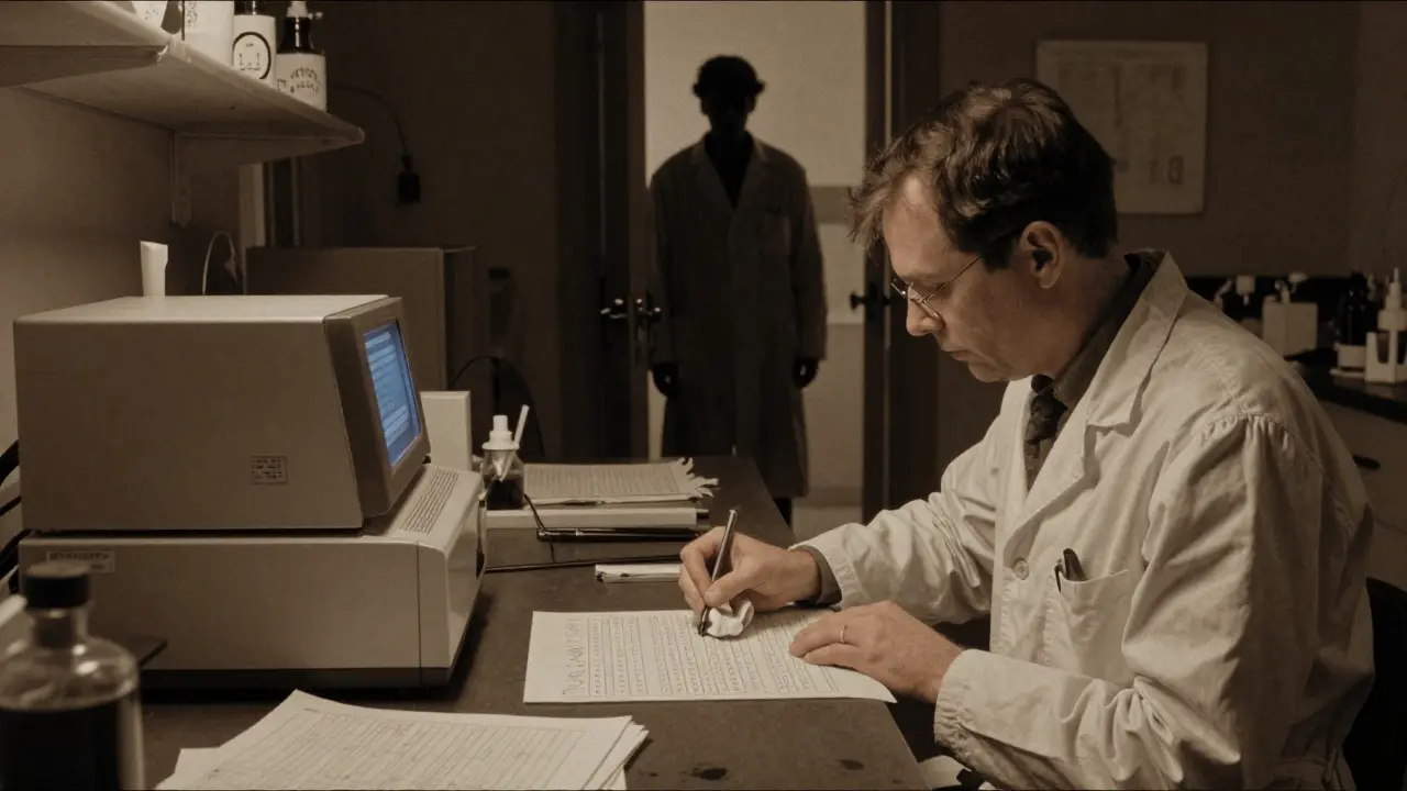 A technician erases batch records on laminated paper while a shadowy figure watches nearby.