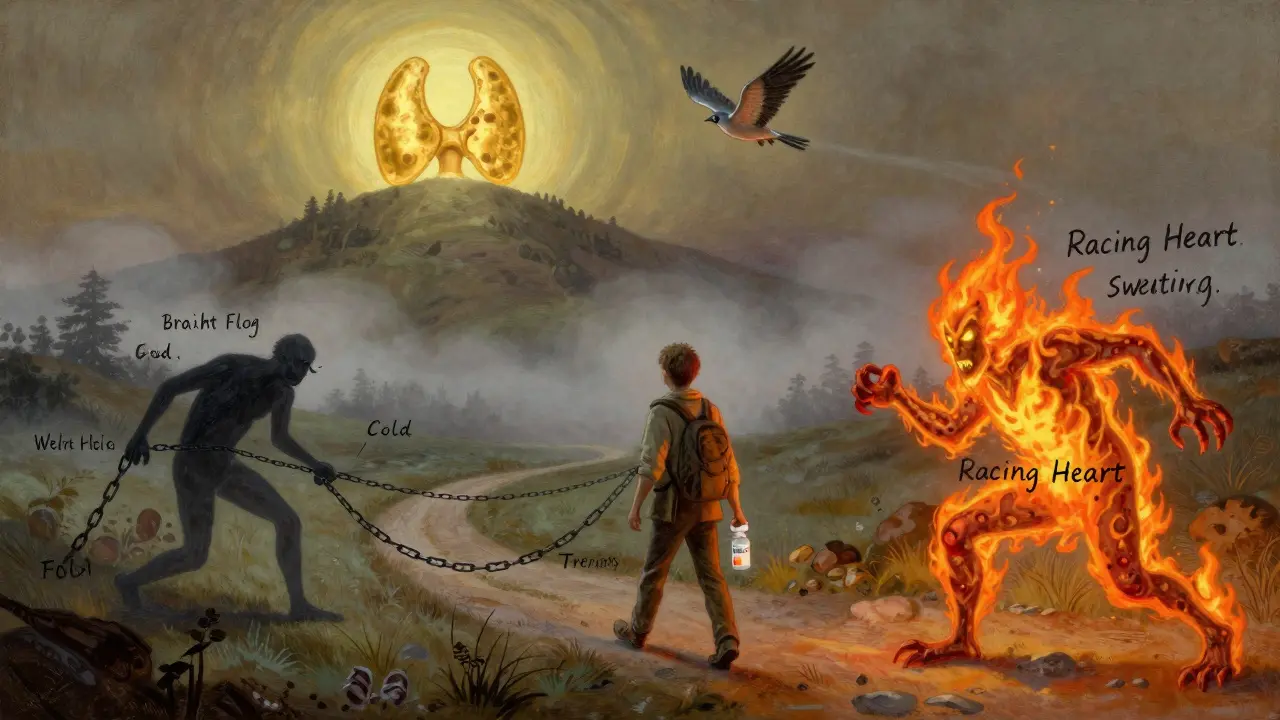 A traveler on a path toward a glowing thyroid, with shadowy figures of fatigue and anxiety on either side in a misty valley.