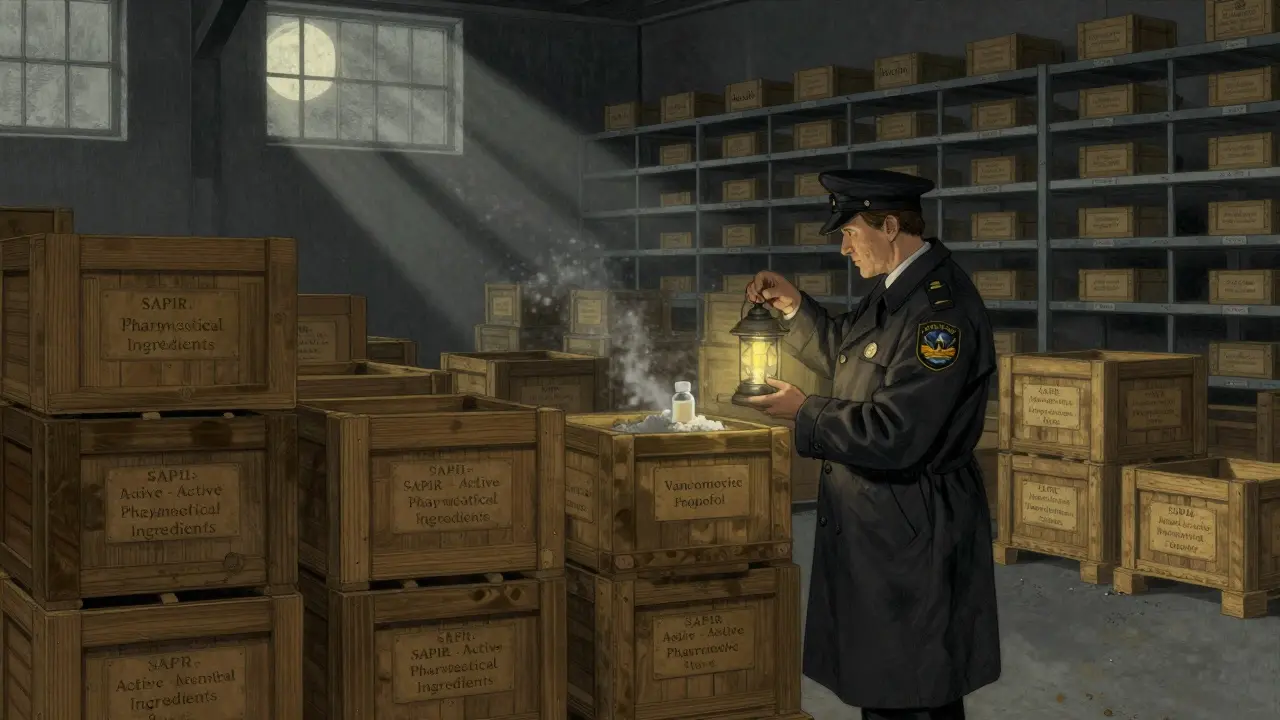 A warehouse filled with crates of pharmaceutical ingredients, while empty shelves for essential drugs stand nearby.