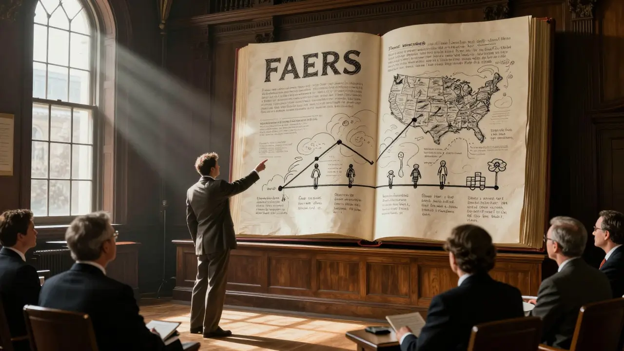 An advocacy group presents drug reaction data to FDA officials in a sunlit chamber with a massive FAERS book open.