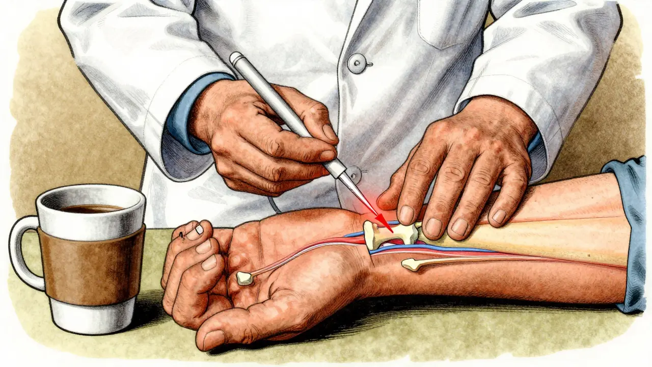 Doctor administering an ultrasound-guided injection into a compressed carpal tunnel.