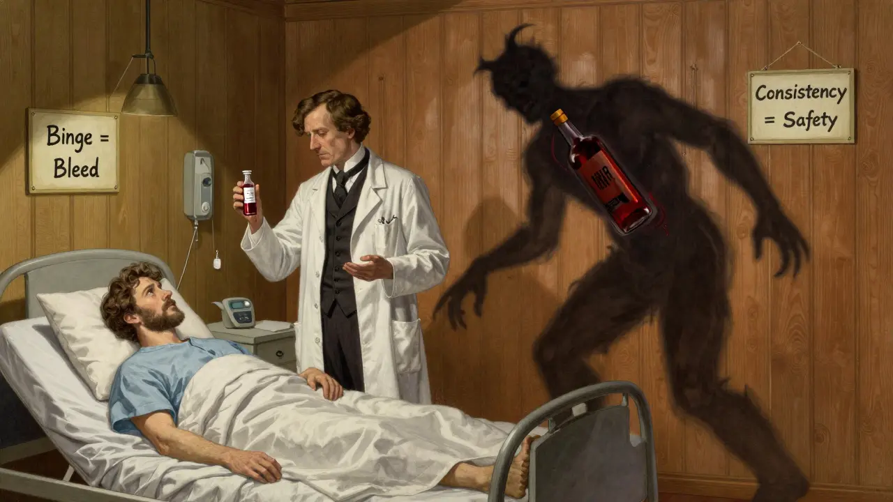 Doctor holding blood vial with high INR as patient's shadow becomes a whiskey bottle-shaped bleeding form.