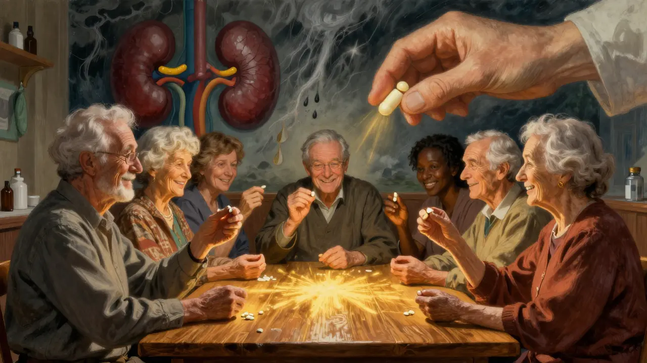 Elderly patients smile while holding single pills, as a mural shows side effects calming around them.