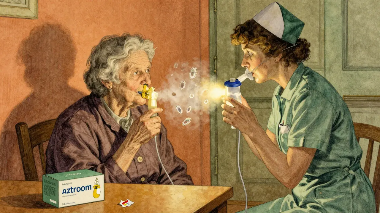 Elderly woman receives nebulizer treatment at home, generic label visible, bacteria fleeing the mist.