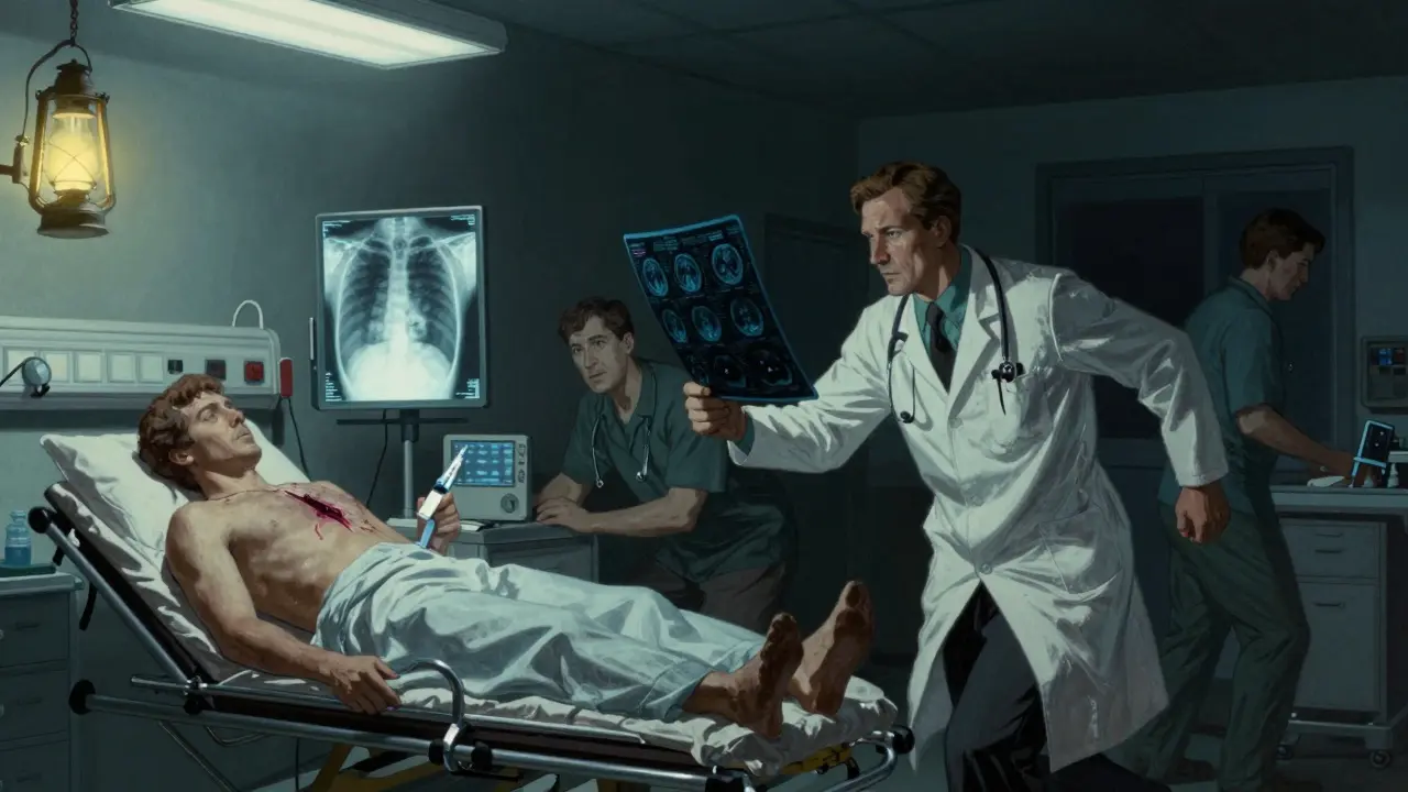 Emergency room scene with doctors rushing to treat stroke patients, one with a clot and another with bleeding, under dramatic lighting.