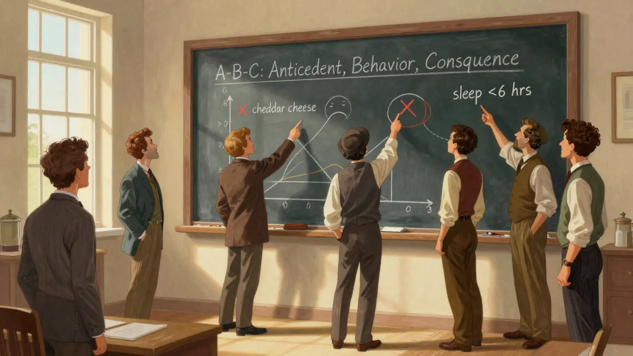 Group examining a chalkboard chart linking triggers like cheese and sleep to symptoms.