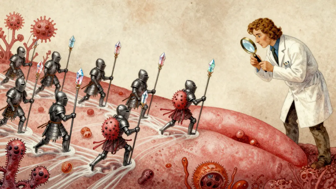 Microscopic battle between probiotic knights and Candida yeast on a tongue landscape, xylitol crystals as weapons.