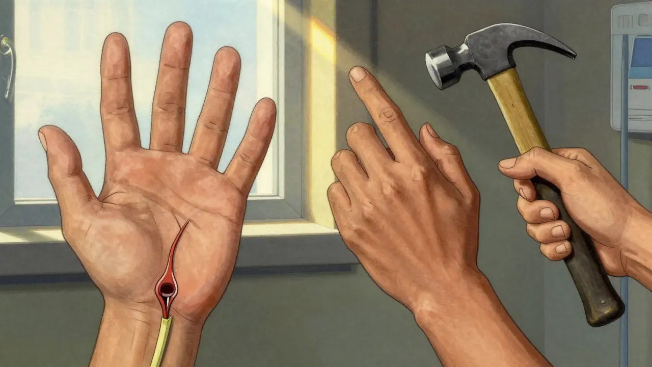 Patient recovering after carpal tunnel surgery, gently moving fingers with healed nerve restored.