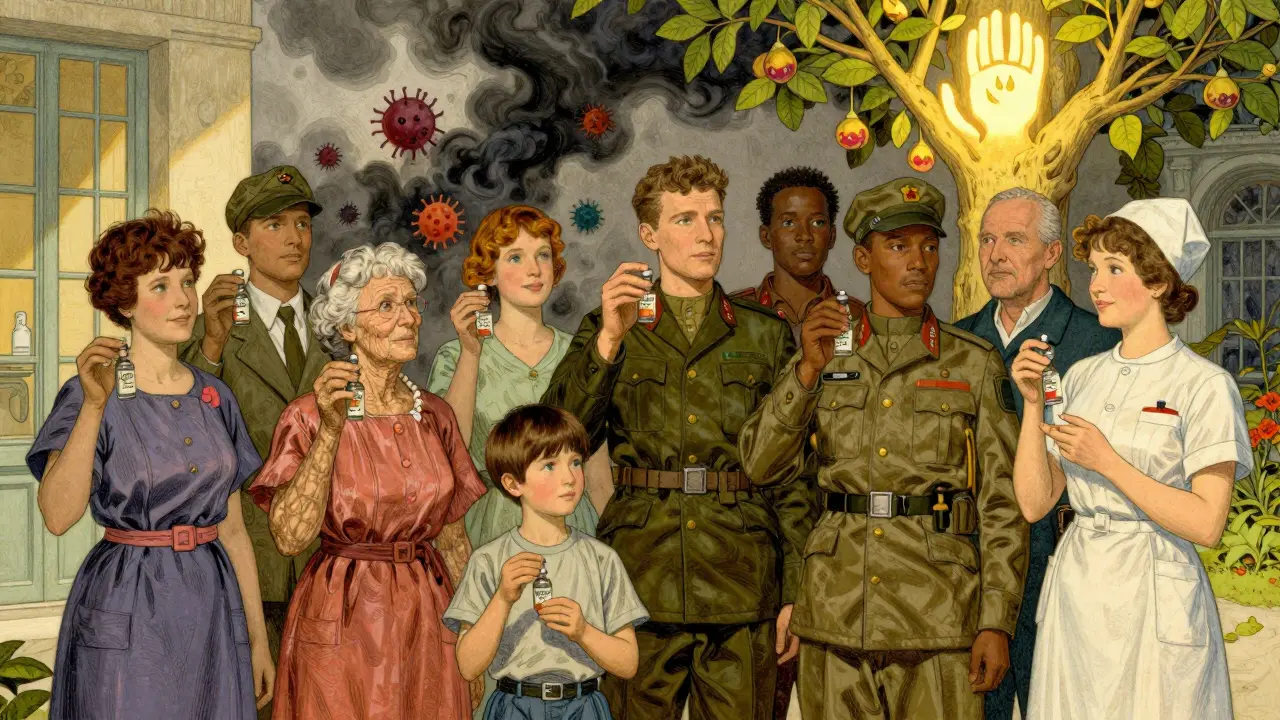 Patients hold precise antibiotic vials as harmful superbugs fade away in the distance.