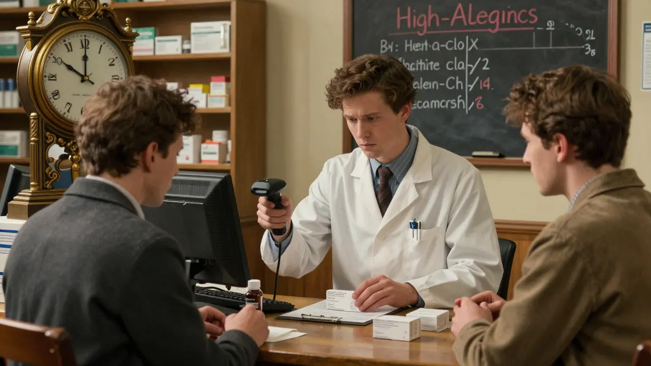 Pharmacist double-checking a prescription in a busy community pharmacy with a patient watching