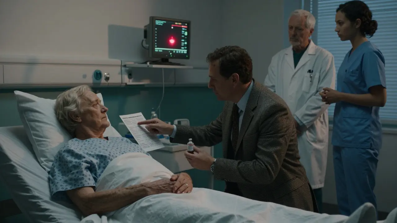 Pharmacist explaining medication safety to an elderly patient in a hospital room