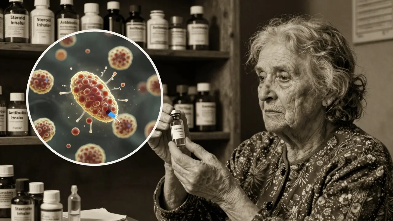 Pharmacist giving nystatin suspension to elderly woman, medical bottles visible in background.