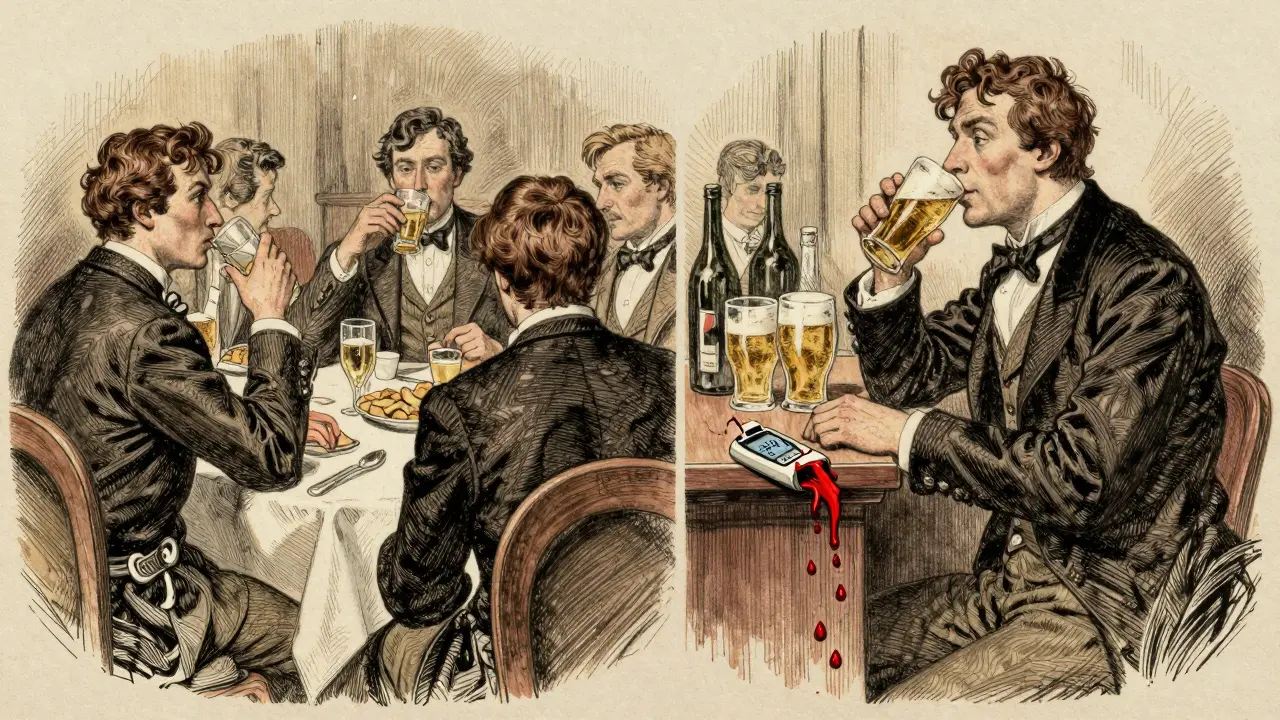 Split scene: calm drinker with normal INR vs. binge drinker with shattered INR meter and red droplets.