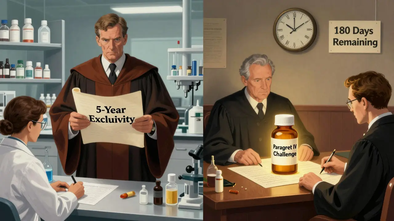 Split scene: FDA accepting clinical data and courtroom with generic drug challenge