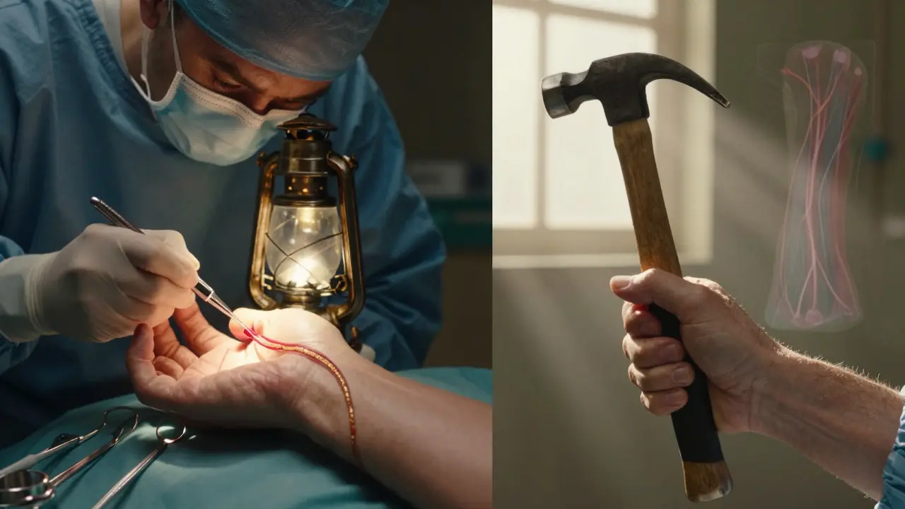 Surgeon performing endoscopic carpal tunnel surgery, with patient’s hand recovering strength in sunlight.