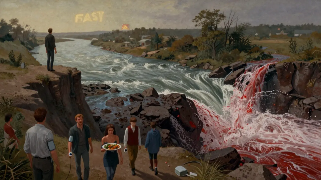 Symbolic cliffside scene with two rivers representing stroke types, people below living healthy lives, in classic illustrative style.