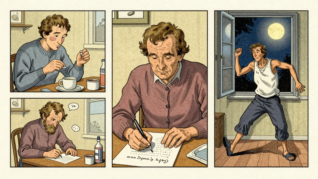 Three scenes show a Parkinson’s patient taking pills, writing small text, and experiencing involuntary movements under moonlight.