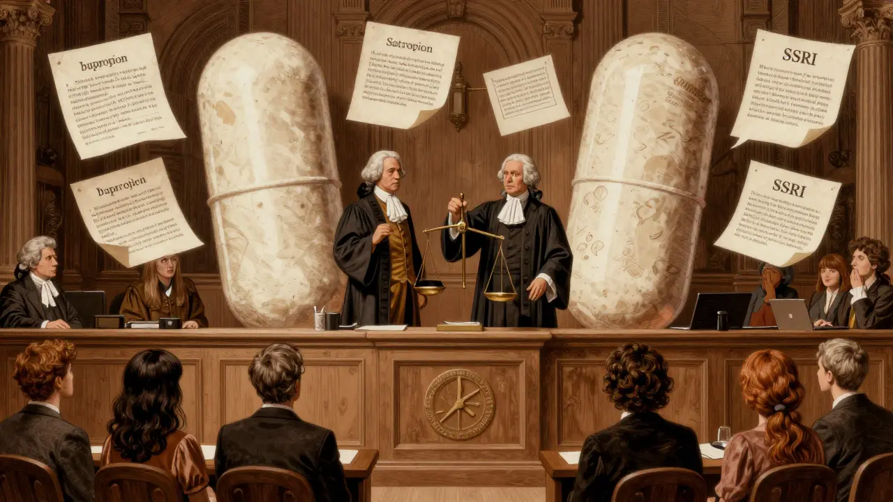 Two giant pills on trial in a 19th-century courtroom, surrounded by patient testimonies, illustrated in Howard Pyle style.