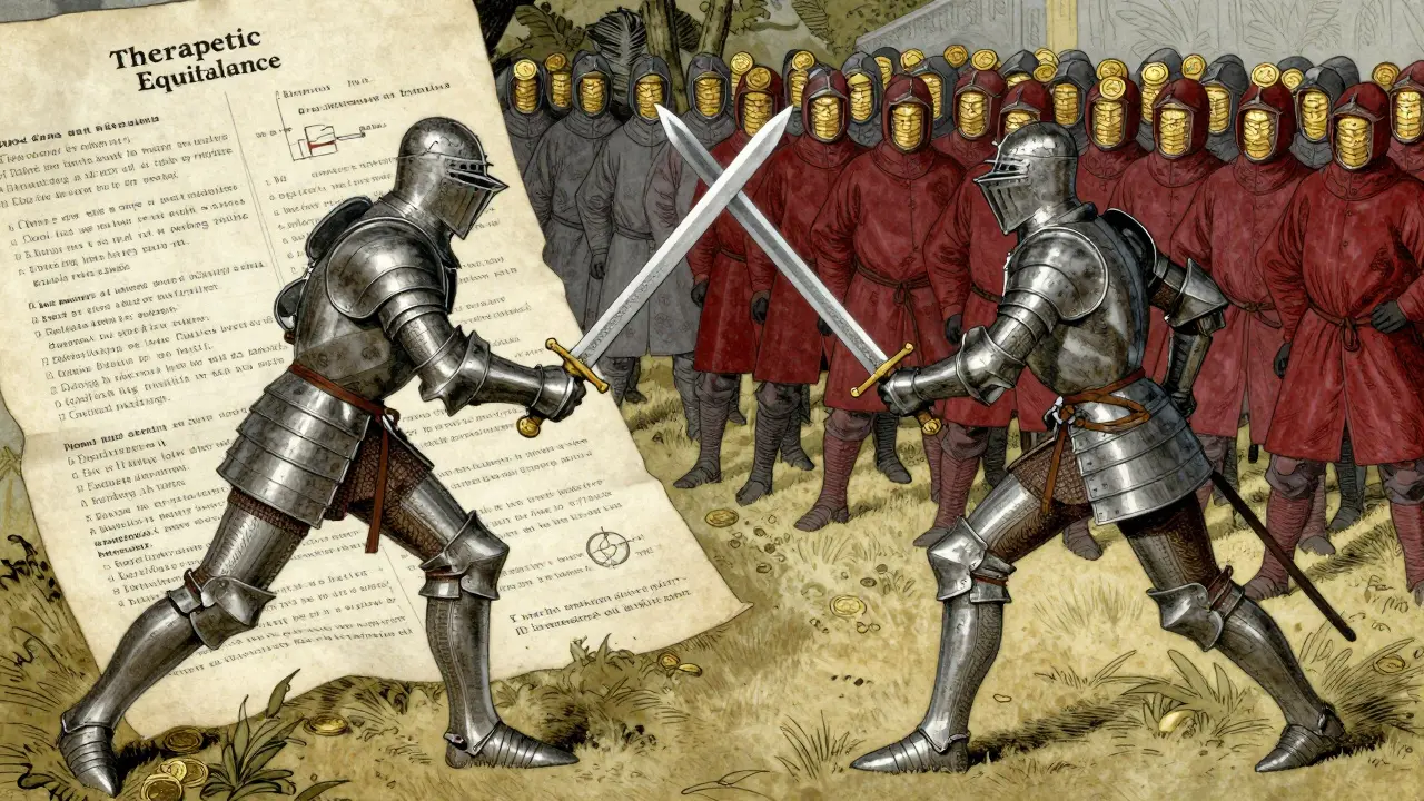 Two knights battle over antibiotic patents, with patients marching freely behind the generic champion.