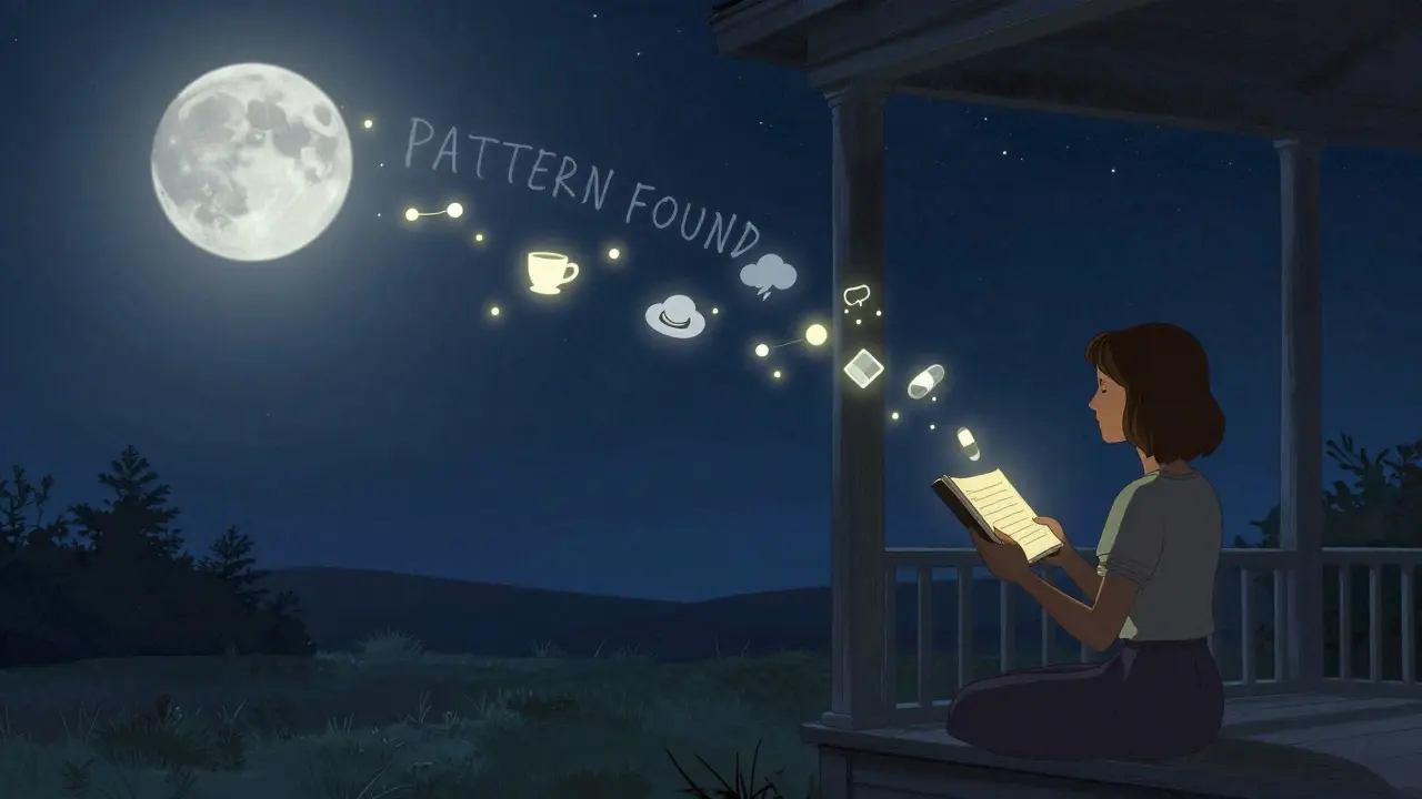 Woman on porch at night, symbols rising from journal like fireflies forming a pattern.