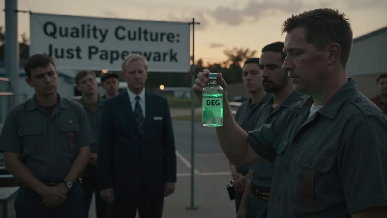 Workers face an FDA inspector as one holds a contaminated vial, under a banner reading 'Quality Culture: Just Paperwork'.