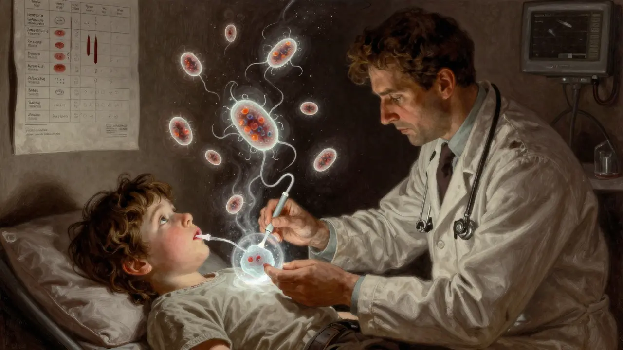 A doctor performing a lung procedure on a child, with glowing fungal organisms visible in the air around them.