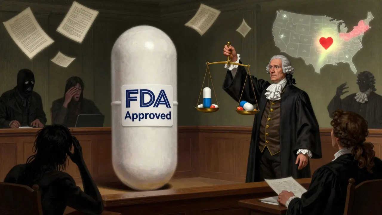 A giant FDA-approved generic pill defends itself against fear in a courtroom, with medical journals and U.S. statistics floating nearby.