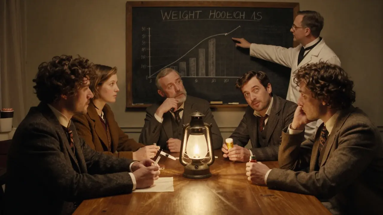 A group of people at a table discussing weight loss drugs, with a scientist pointing to a chalkboard of data.
