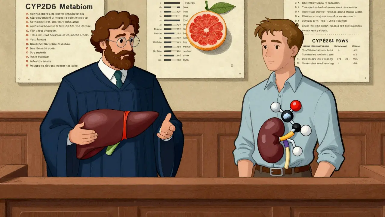 A liver and kidney as judges in a courtroom trial over how a drug is metabolized, with genetic variants as key evidence.