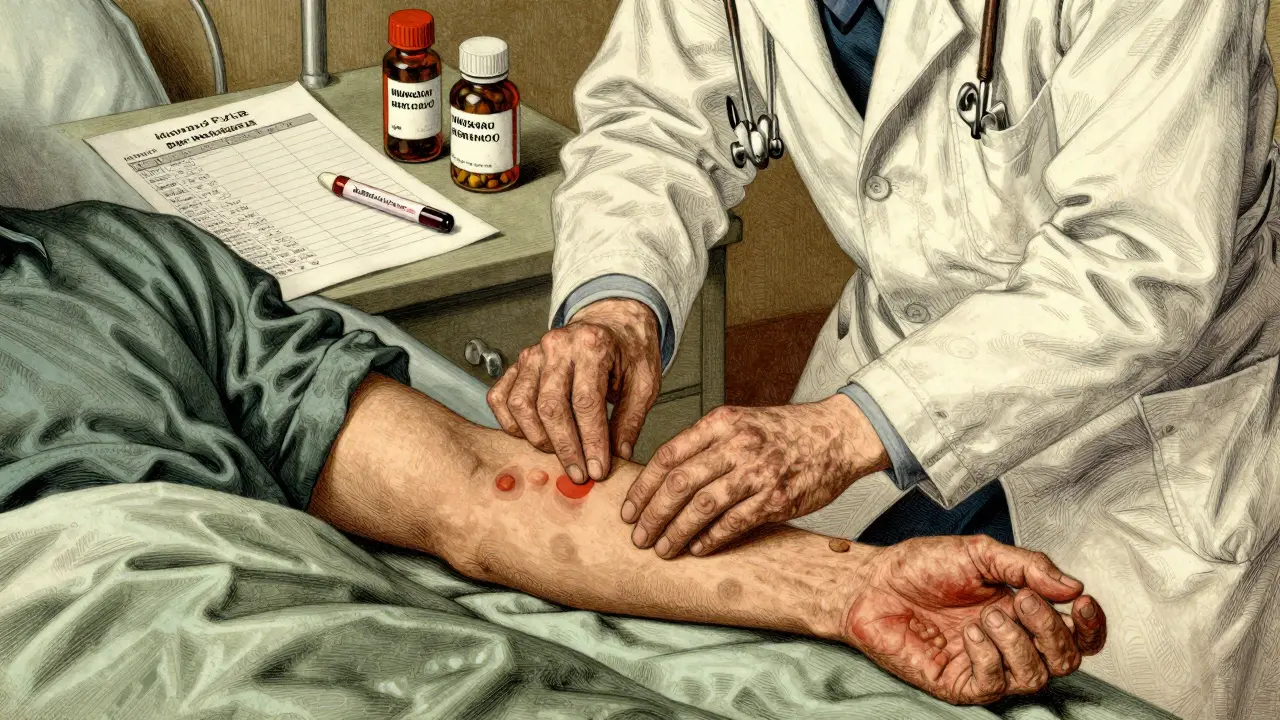 A patient with unexplained bruising lies in a hospital bed as a doctor reviews blood tests near feverfew and warfarin bottles.