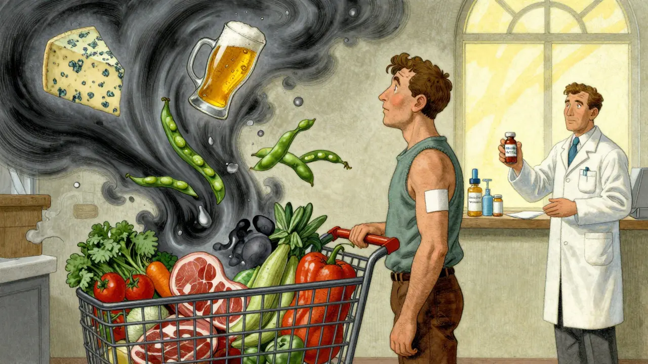 A person with an MAOI patch shopping safely, while dangerous foods vanish into smoke around them.