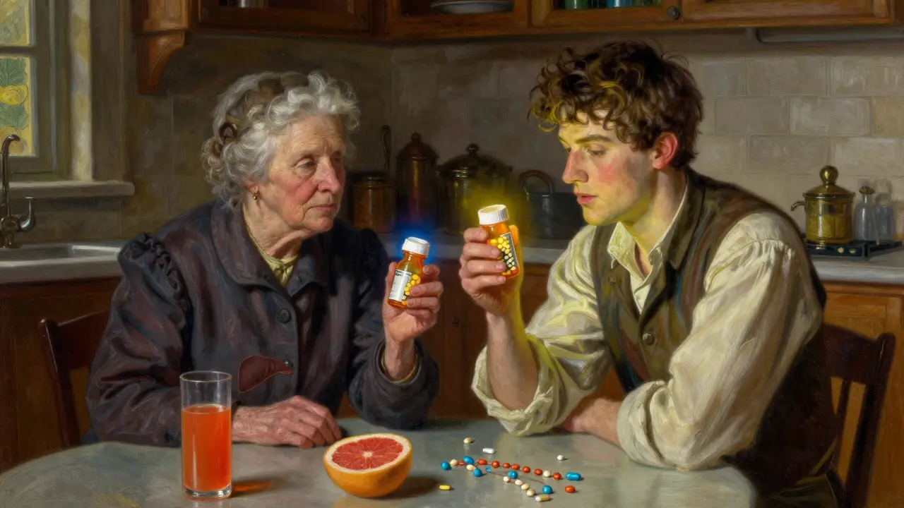 An elderly woman and young man with different colored auras around their bodies, showing how the same pill affects them differently.