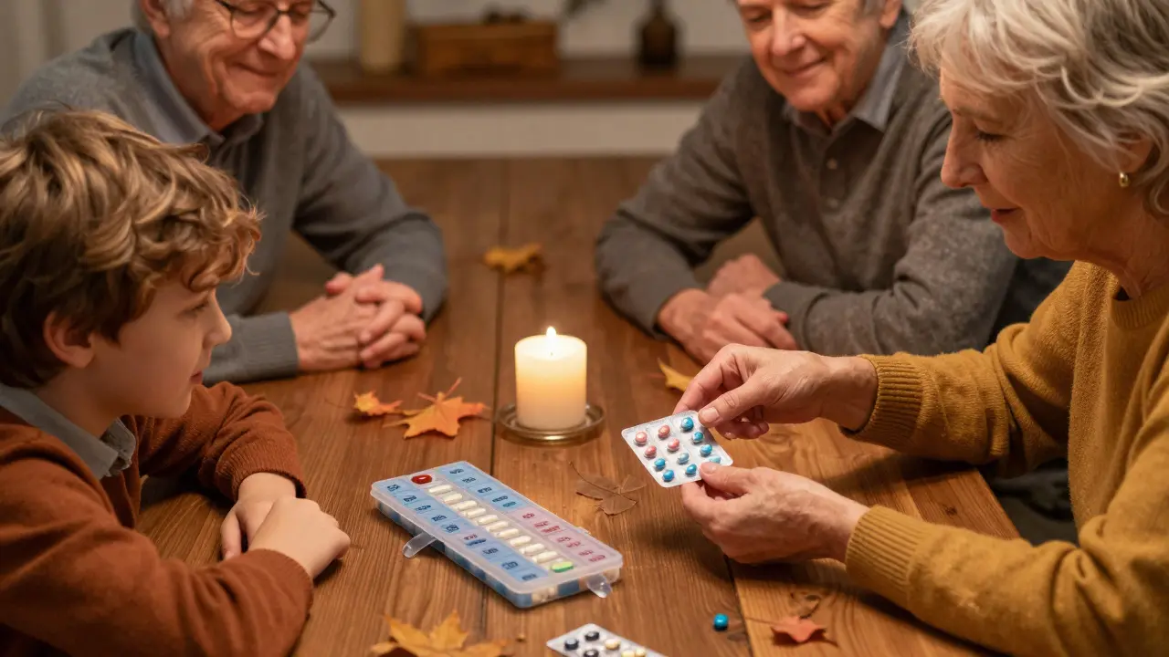 An older woman showing her blister pack to her grandson at the dining table.