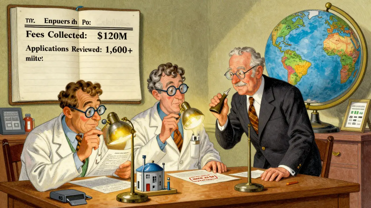 FDA scientists reviewing applications with a ledger showing progress and a small business receiving a fee waiver.