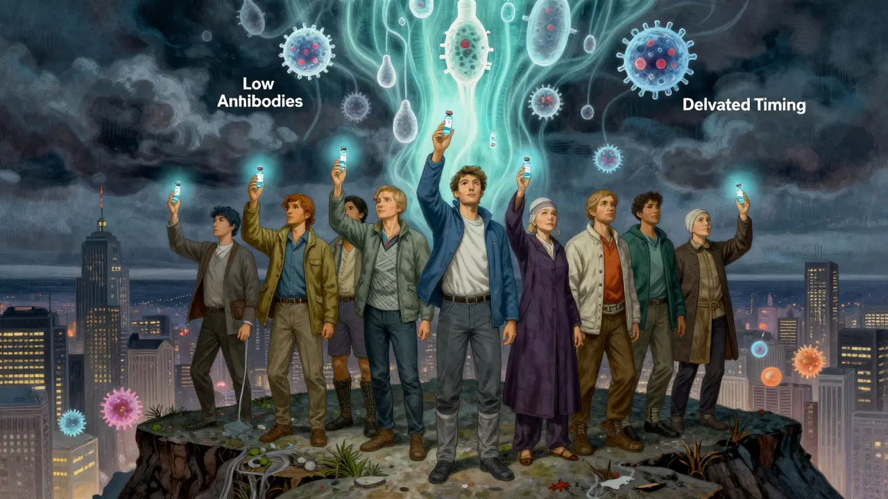 Immunosuppressed individuals hold vaccine vials as protective immune forces shield them from viral storms above.