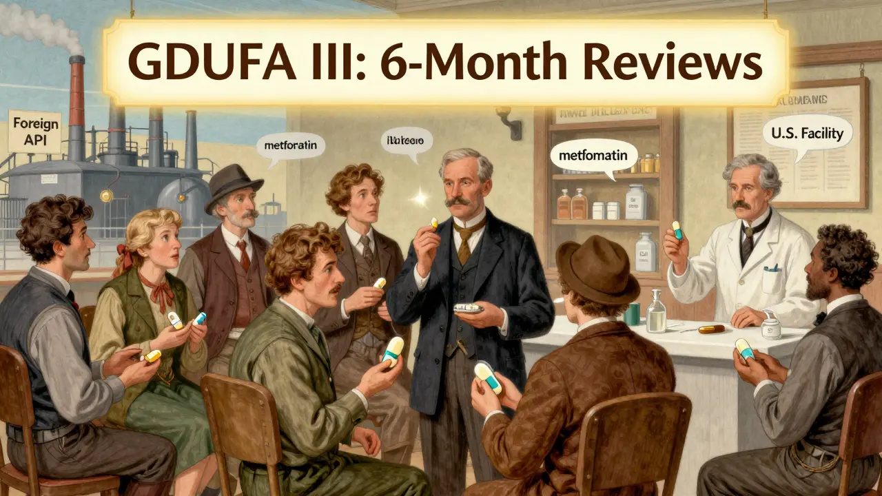 Patients receiving affordable generic pills under a banner celebrating faster FDA reviews.