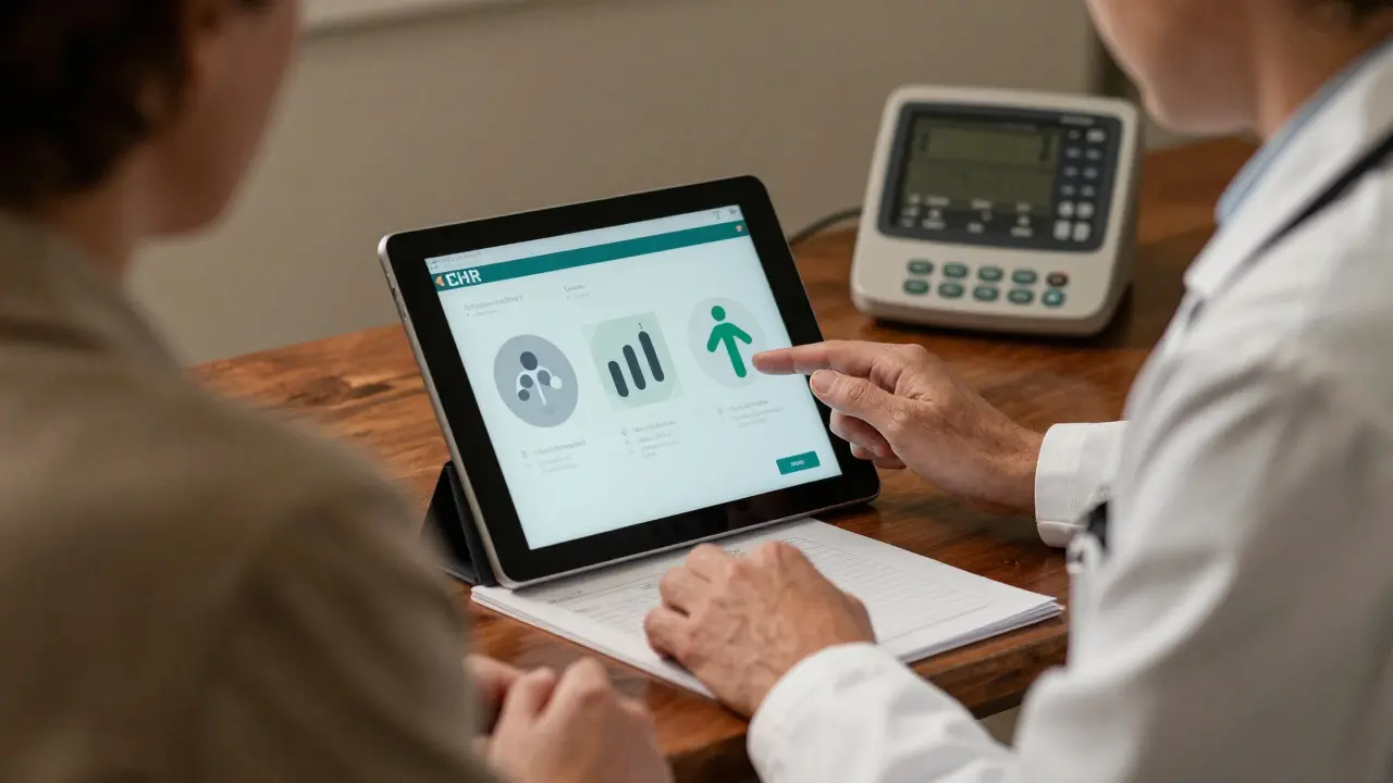 Physician using EHR tablet with medical symbols during consultation.