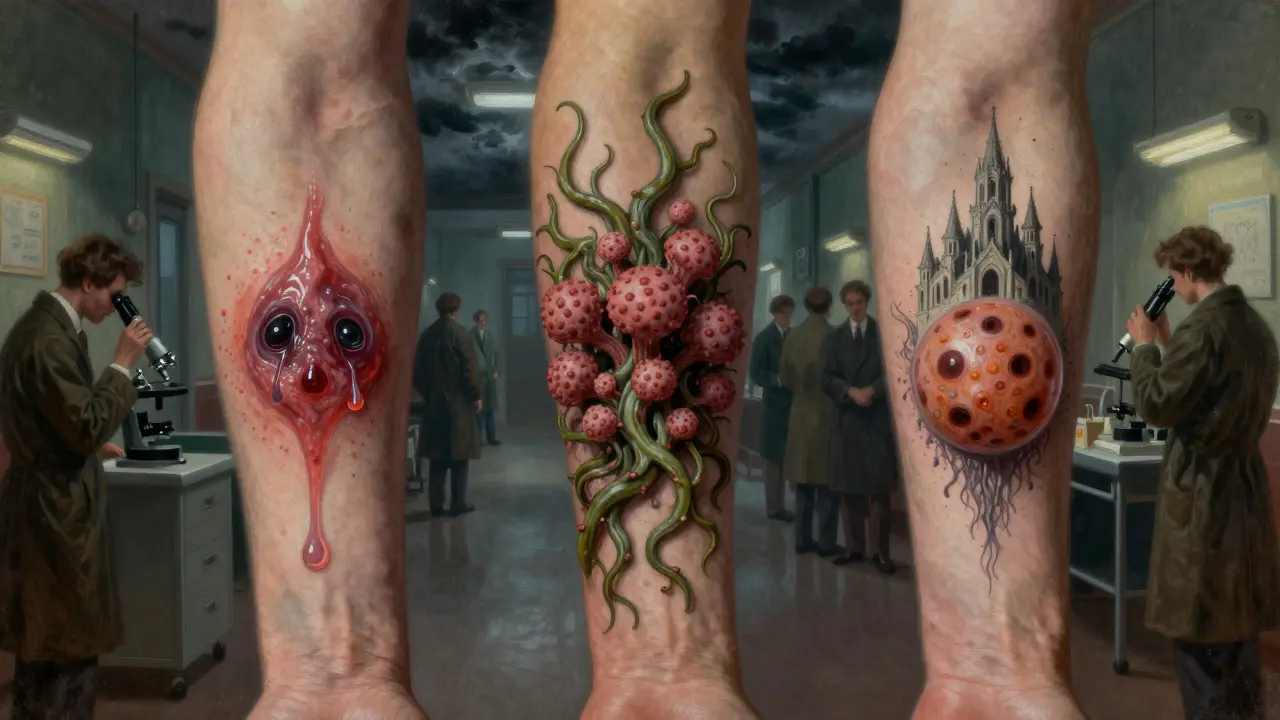 Three unusual skin infections on a patient’s arm, each morphing into monstrous, fungal forms under a medical microscope.