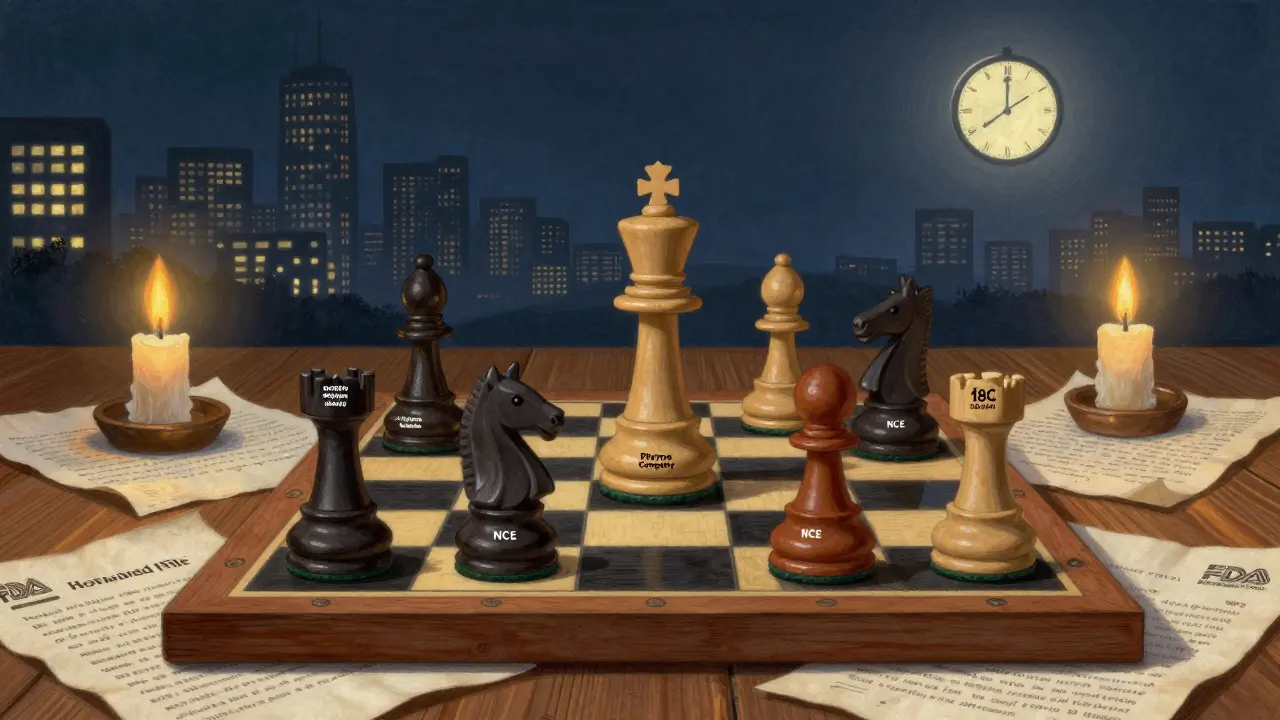 A chess game with pharmaceutical exclusivity pieces trapping a generic knight on a legal board.