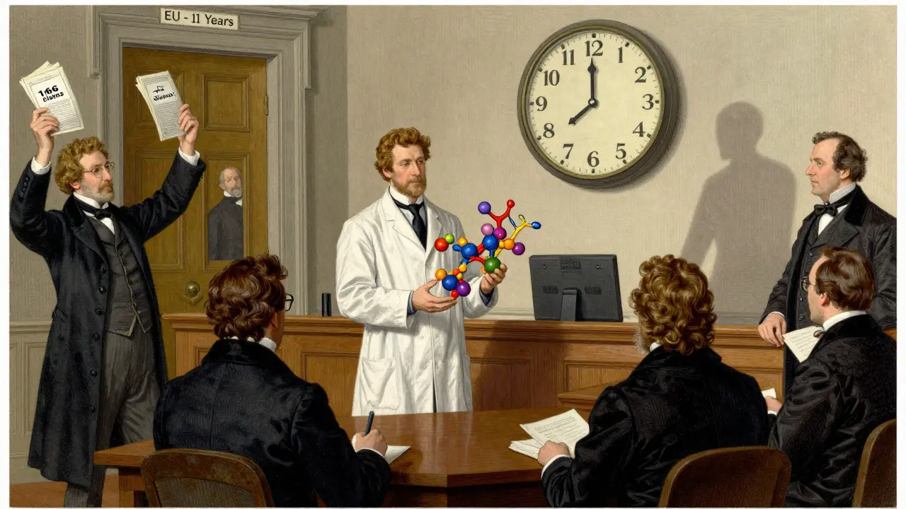 A courtroom scene with a biosimilar scientist presenting evidence against a wall of patents and a ticking 12-year clock.