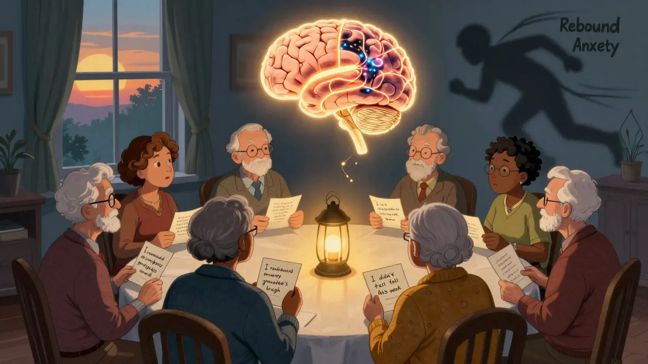 A group of seniors sharing recovery stories around a lantern, a healing brain glowing above them as they overcome withdrawal.