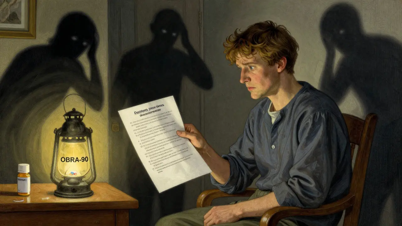 A patient at home surrounded by symbolic dangers of medication errors, with a glowing document labeled OBRA-90 providing safety.